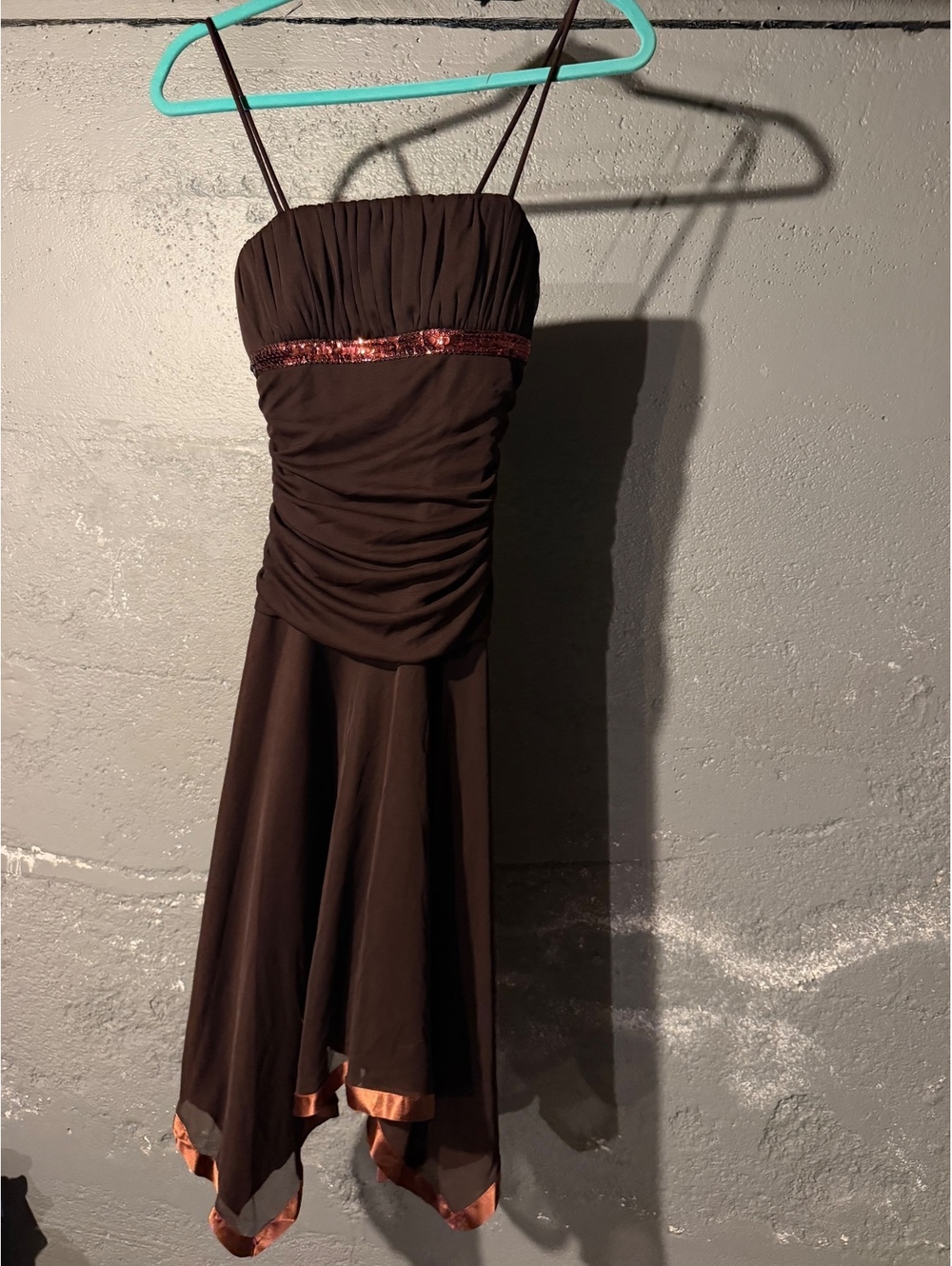 City Triangles Brown Sleeveless Dress with Sequin Detail and Handkerchief Hem, M